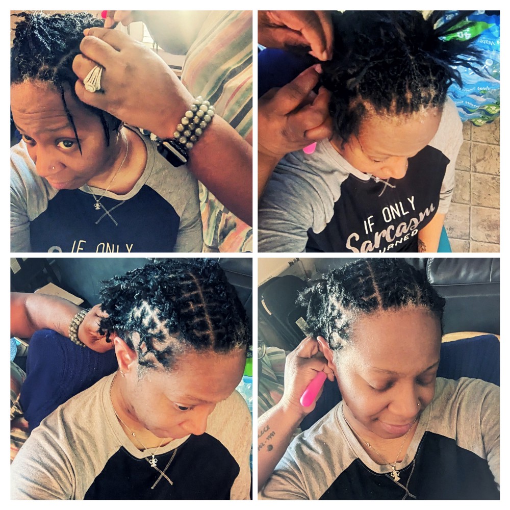 The interlocking of clean hair. Retwisting my microlocs one section at a time. Photo Collage Credit: Tremaine L. Loadholt